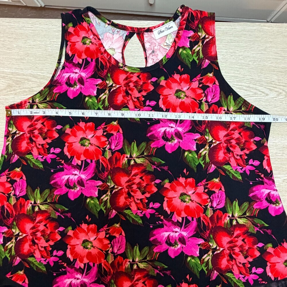 Star Vixen Sleeveless Top Womens XL Red Black Floral Chiffon Hem High Round Neck - Picture 10 of 13
